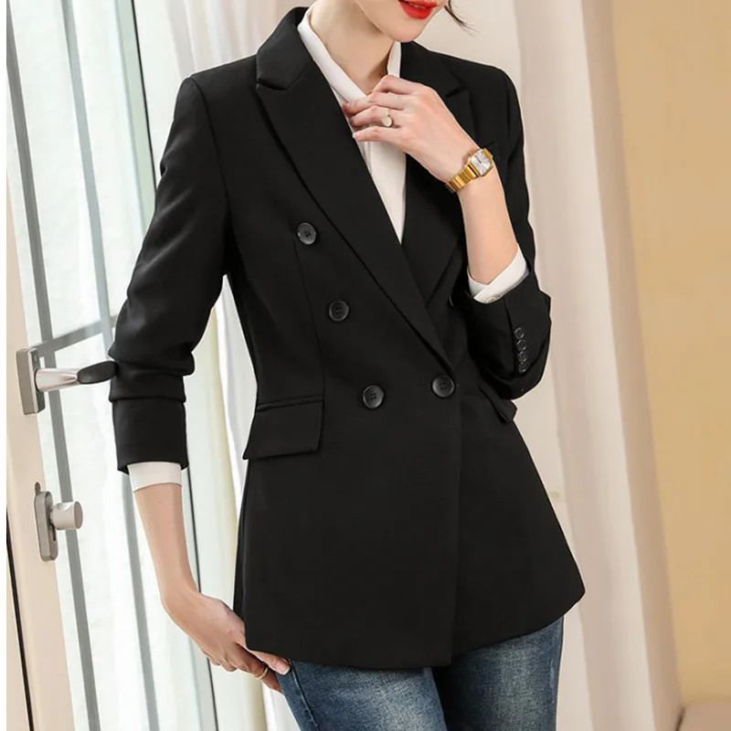 

2022 Women's Fashion Texture Elegant Double Breasted Black Blazer Vintage Long Sleeve Pocket Women's Jacket