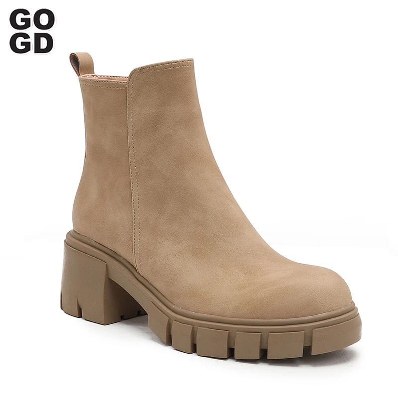 

GOGD High Quality Chelsea Boots PU Leather Women Stretch Slip On Fashion Ankle Boots Platform Round Toe Autumn Winter Boots