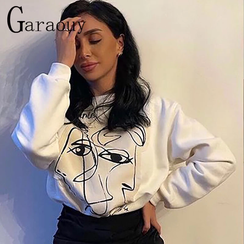 

Garaouy 2022 Spring Autumn Round Neck Lady Portrait Printing Pullover Regular All-Match Sweatshirt Women Loose Long Sleeve Tops