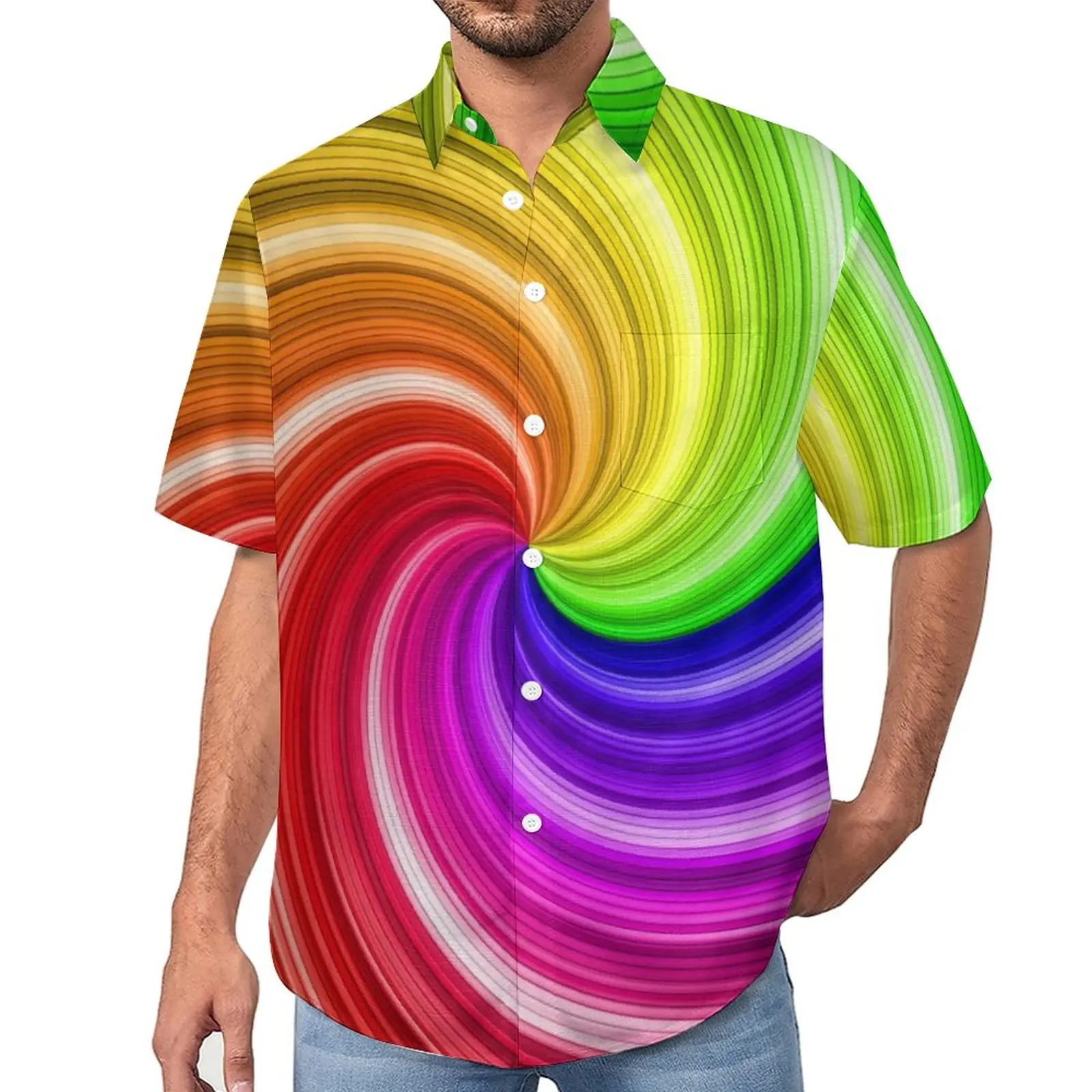 

Colorful Tie Dye Casual Shirt Rainbow Swirl Art Vacation Loose Shirt Summer Funny Blouses Short Sleeve Graphic Oversized Clothes