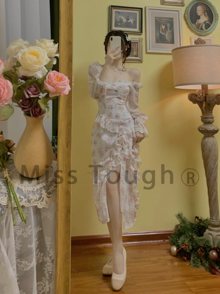 Женское винтажное платье миди с цветочным принтом элегантное кружевное разрезом