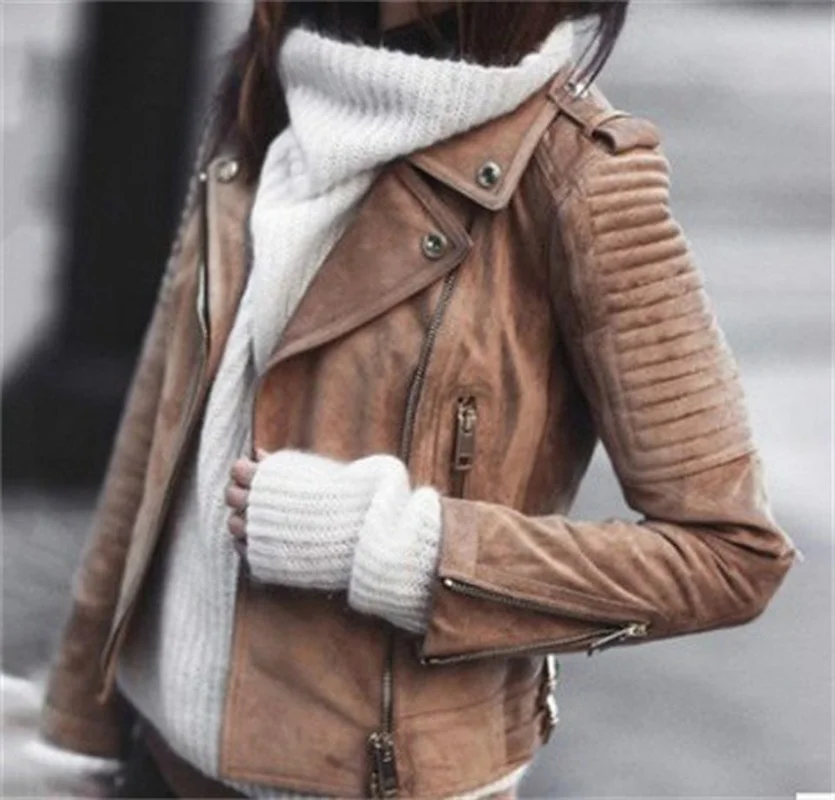 Solid Slim Spring Female New Fashion Vintage Long Sleeve Pu Leather Jacket Womens Autumn Biker Jacket Oblique Zipper Cardigan