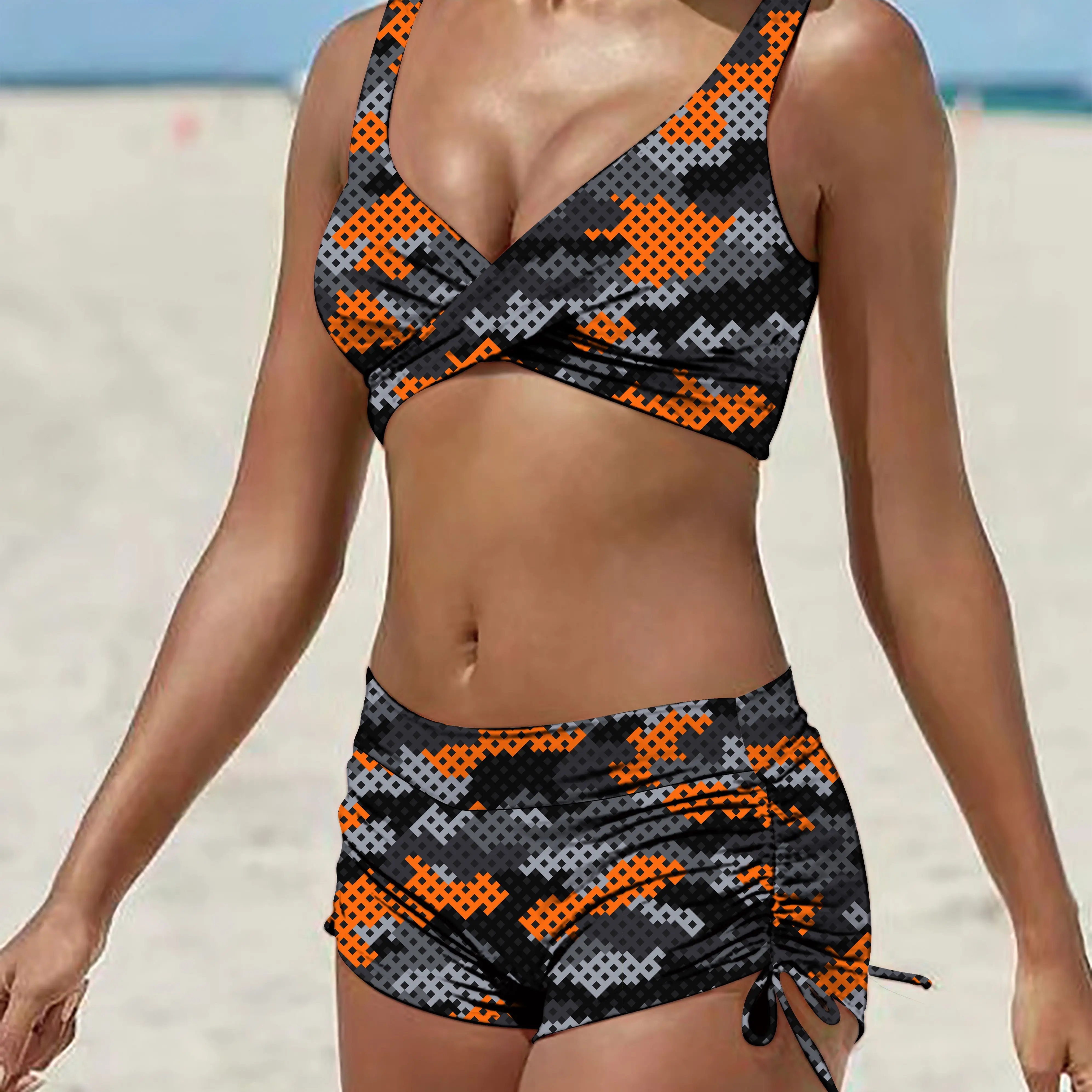 

Summer Swimwear Solid Color Bikini Set New Push Split Frame Solid Color Model with Chest Pads Reunited Sexy Split Swimsuit