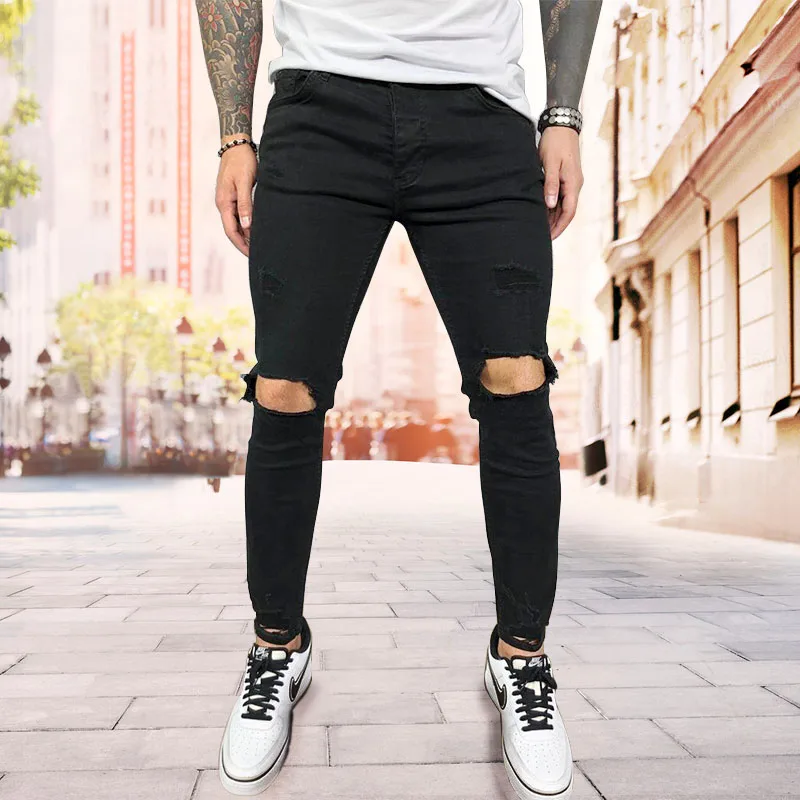 Fall Fashion Jeans Knee-Length Ripped Skinny Stretch Denim Trousers Solid Color Black Blue Summer Hip Hop Casual Men's Clothing