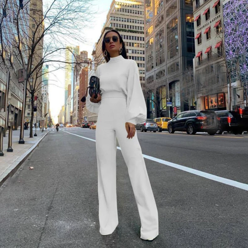 

Elegant Party Jumpsuit for Women White Black Long Sleeve O Neck Wide Leg Bodysuit High Waist Office Overalls Women Jumpsuits