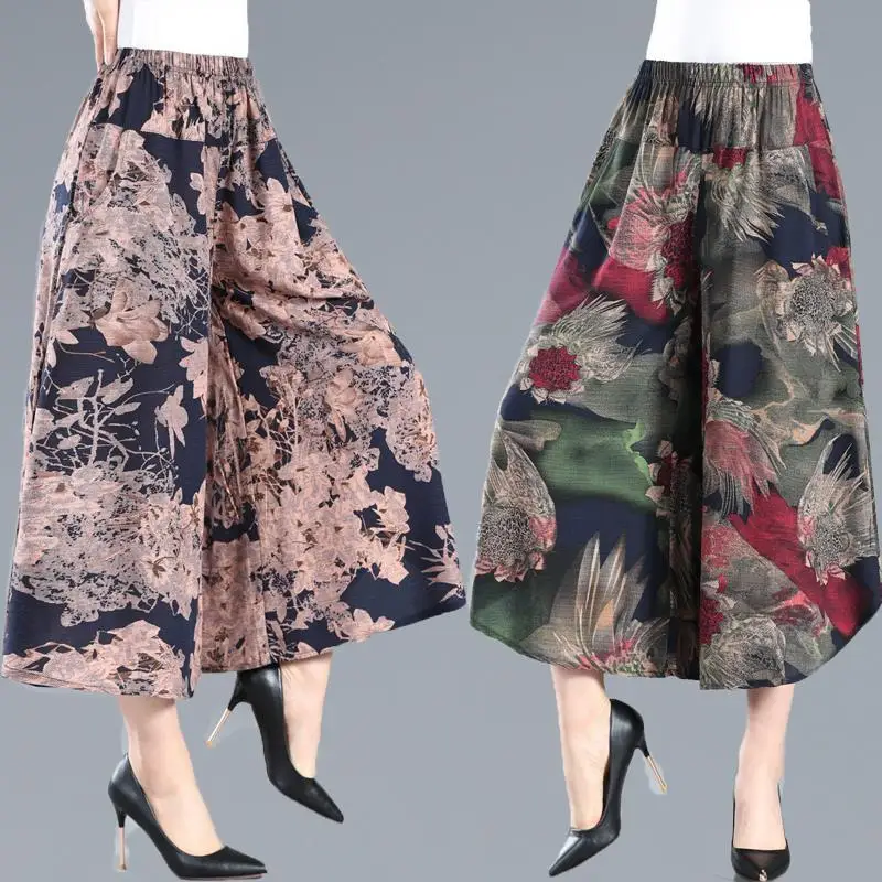 

2022 Summer Thin Cotton Pants New Elastic High Waist Wide Leg Pants Casual Loose Middle-aged Female Ankle-length Trousers O78