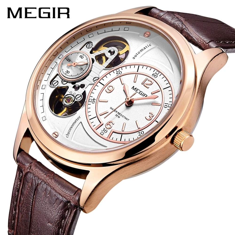 

MEGIR New Tourbillon Design Men's Quartz Watch Men Fashion Multifunction Leather Waterproof Hollow Watches Relogio Masculino