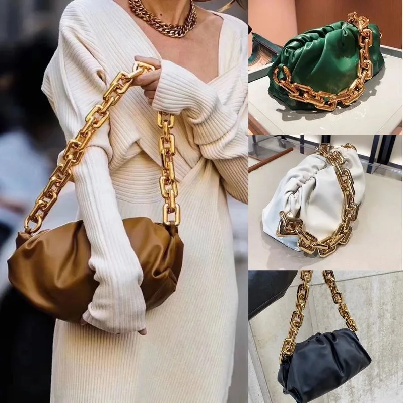 

Fashion Women Genuine Cow Leather Handbag High Quality Thick Chain Cloud Dumplings Clutch Bag Female Shoulde Bags