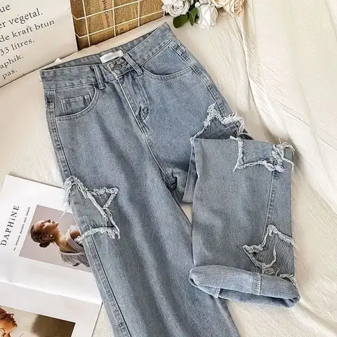 Streetwear Blue Jeans Woman Korean Fashion Denim Y2k Vintage Clothes Women's Pants Straight Leg Jeans Woman High Waist 2022