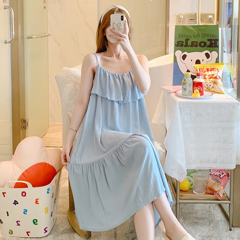 Night Wear Summer Sleepwear Dress Cotton Silk Night Gown For Women Sling Sexy Nightdress