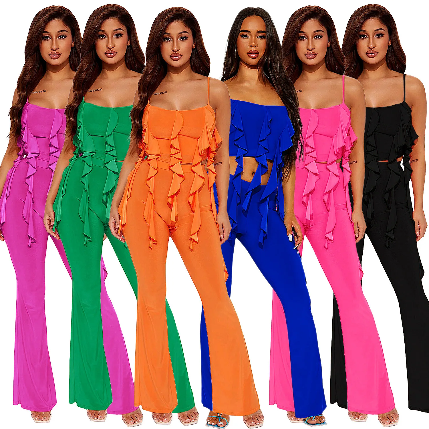 

Women Two Piece Suits Ruffle Sling Sleeveless Tops Flare Long Pants Sets Club Party Summer New 2023 Sexy Round Neck Ladies
