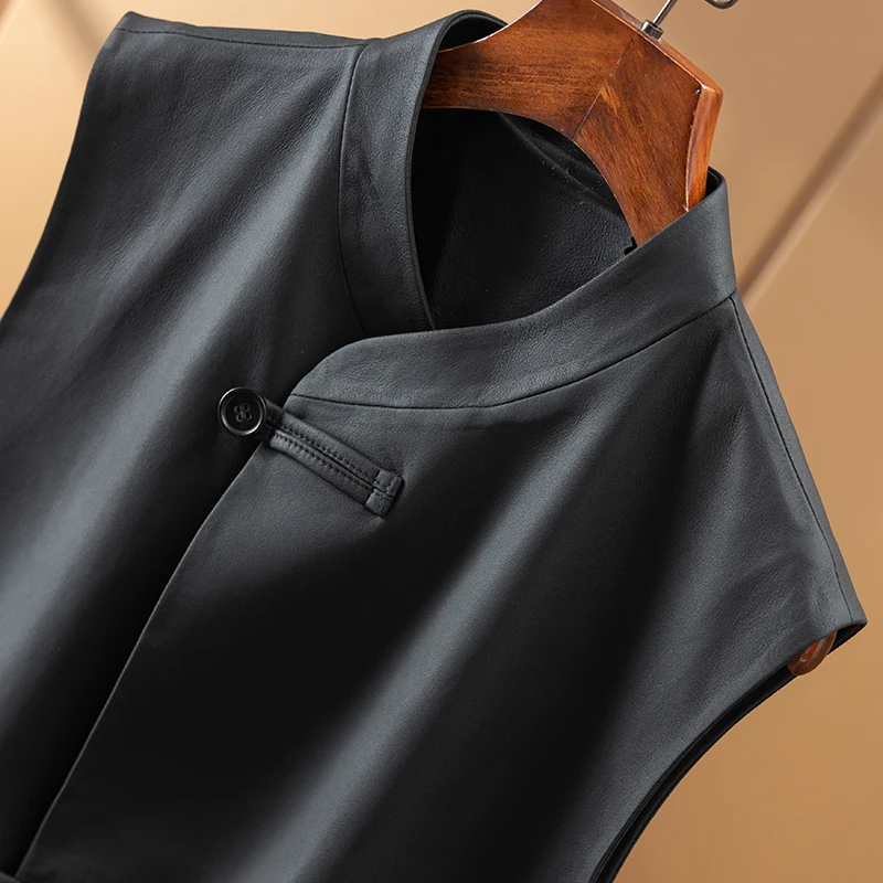 Summer Vest for Women  Genuine Leather  Sheepskin  High Street  Button  Leather Jacket Woman  Real Leather Jacket Sleeveless