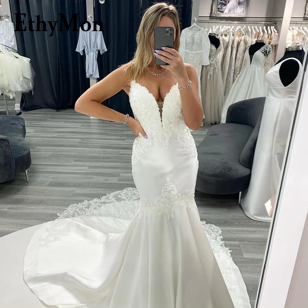 

Ethymon Classic Trumpet Wedding Gown For Women Beads V-neck Lace Appliques Backless Court Train Vestidos De Novia Made To Order