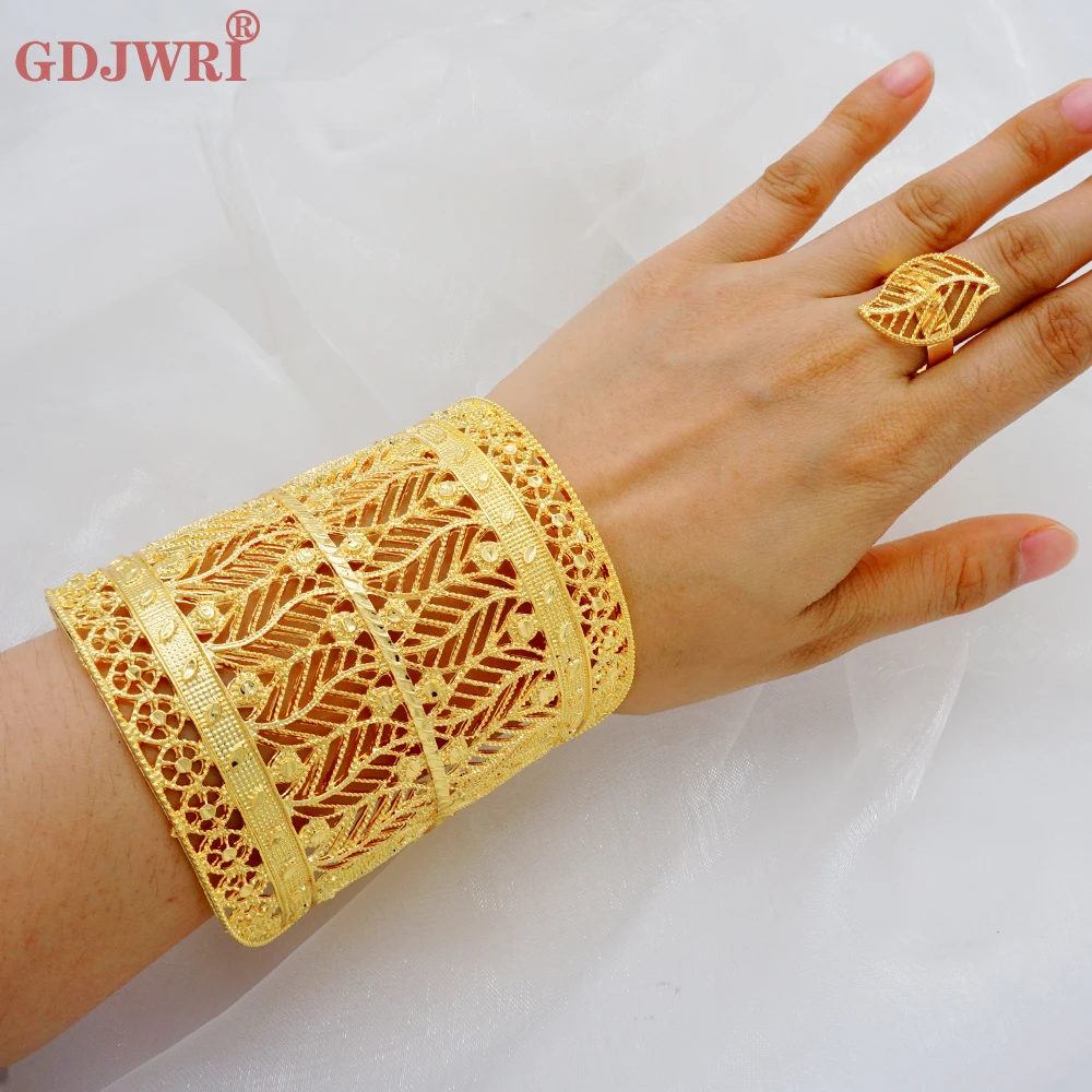 

France Luxury Dubai Gold Color Wide Bangles For Women Bridal Bracelets&Bangles Ring India Nigerian Wedding African Jewellery