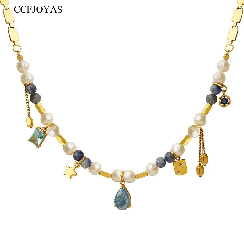 

CCFJOYAS Geometric Natural Stone Freshwater Pearl Crystal Pendant NecklaceTitanium Steel Stitching Vintage Necklace Jewelry