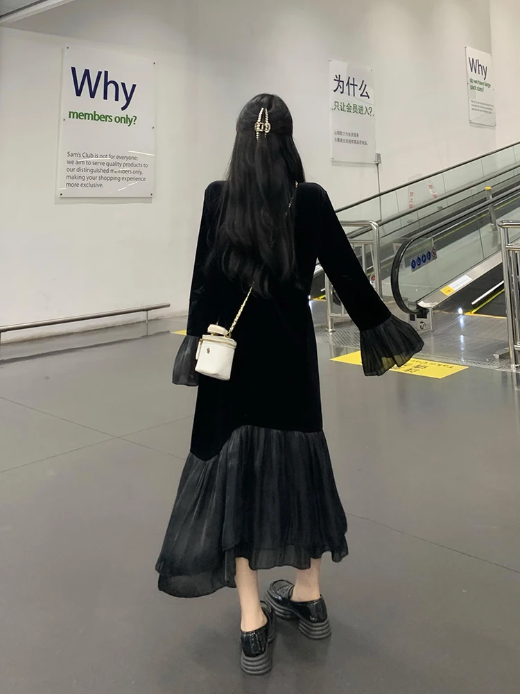 Женское бархатное платье-годе с длинным рукавом и круглым вырезом