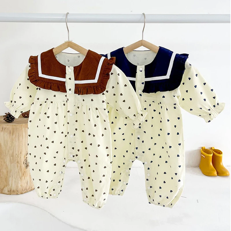 

Осенний вельветовый комбинезон для новорожденных девочек с длинным рукавом и принтом влюбленных сердечек