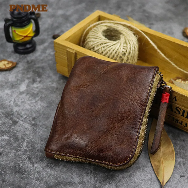 Vintage high quality soft genuine leather men's women's small wallets handmade simple cowhide card holder luxury coin purse
