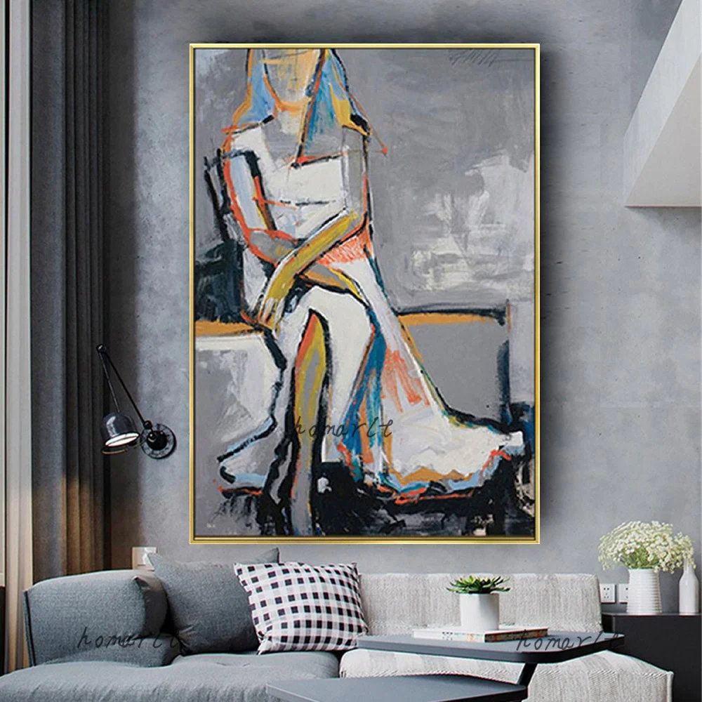 

Handmade Woman Oil Painting Modern Home Decoration Girl Painting Abstract Gray White Canvas Painting Living Room Bedroom Decor