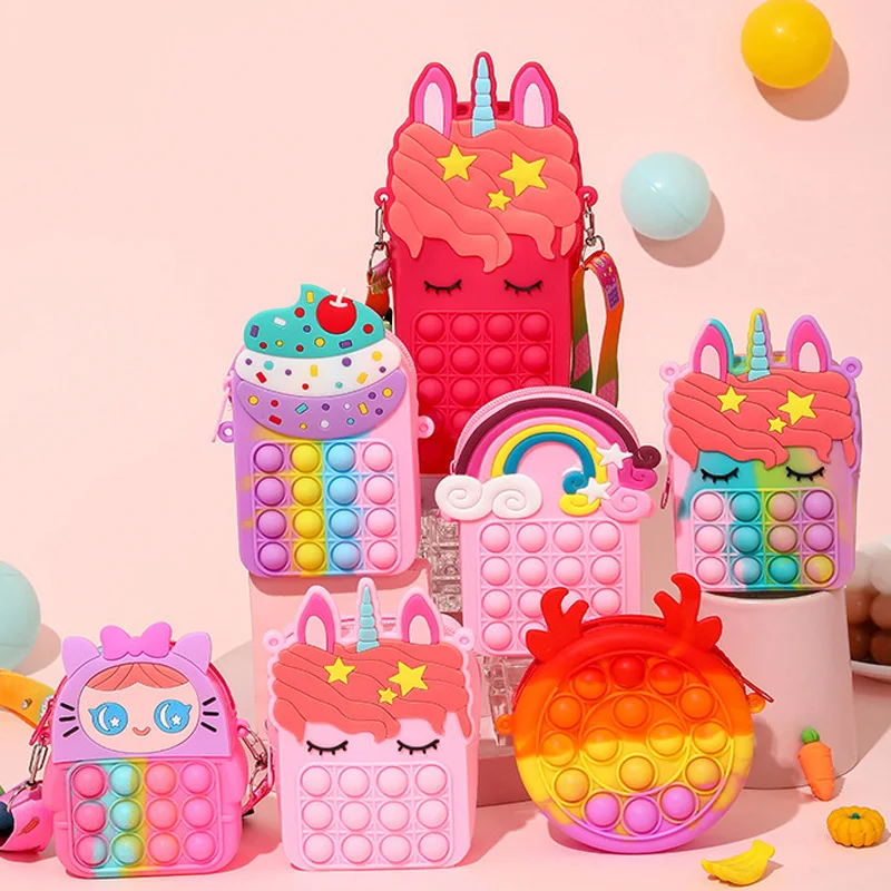 

Pops Et Kawaii Unicorn Shoulder Bag Coin Purse Fidget Toy Decompression Sensory Push Bubble Squishy Squeeze Toys for Kids Gifts