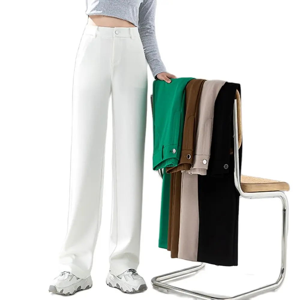 2022 new women straight wide-legged  trousers high waist white black green loose full length pants  big size