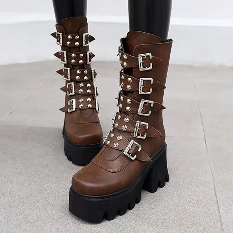 

Женские мотоциклетные ботинки на танкетке, черные ботинки на массивной платформе, в готическом стиле, для косплея, на высоком каблуке, больш...