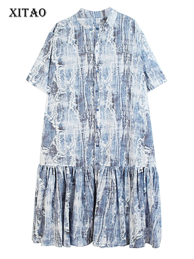 

XITAO Single Breasted Print Dress Women Korea 2022 Summer New Arrival Personality Fashion Loose Short Sleeve Dress WLD6976