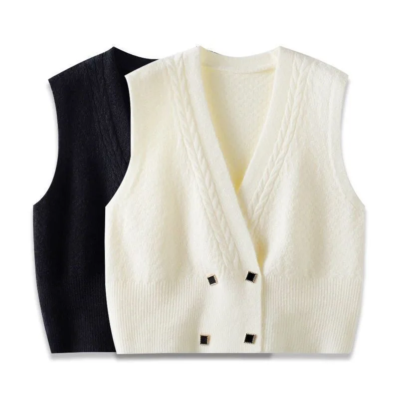 Новый осенне-зимний двубортный вязаный кардиган жилет женский дизайн однотонный