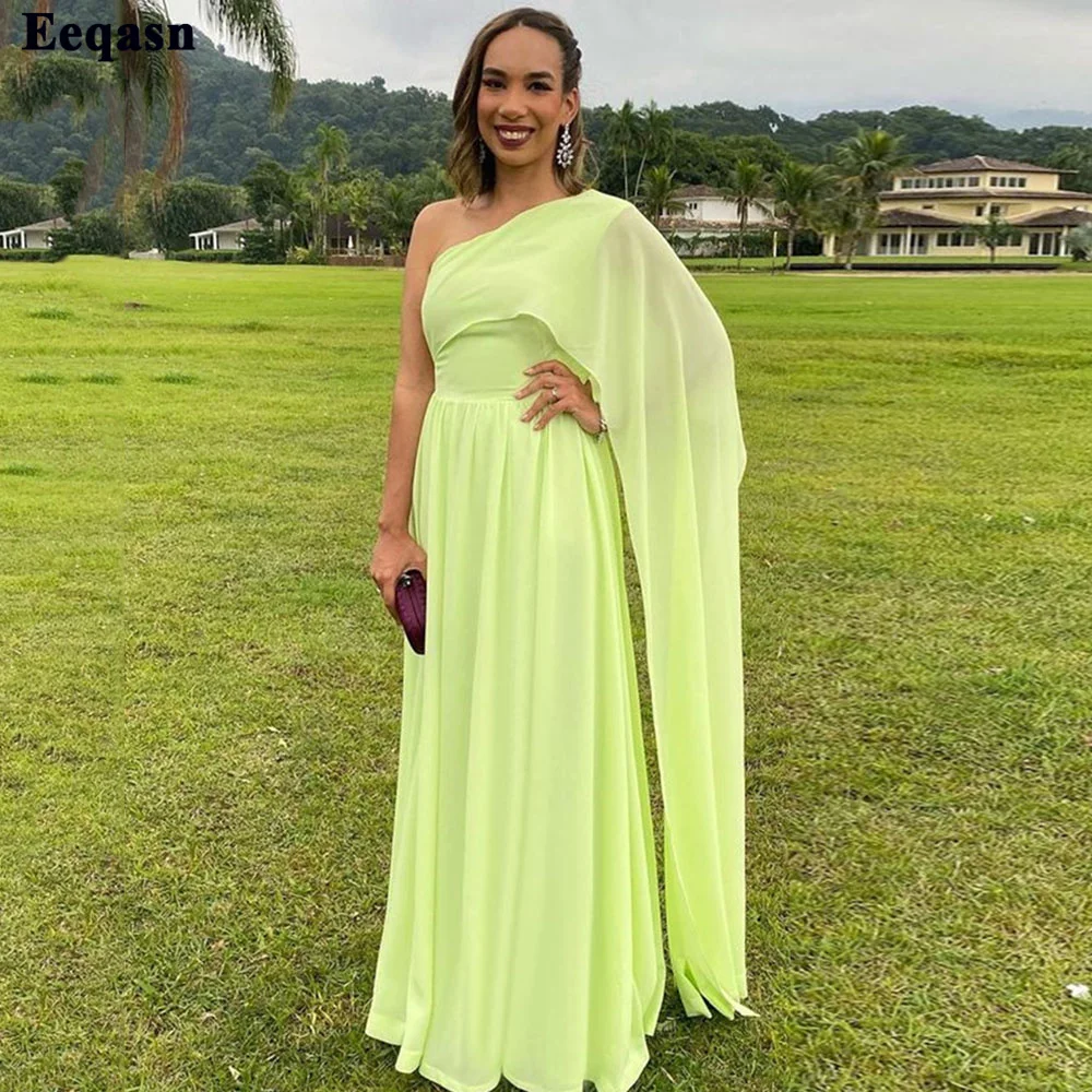 

Eeqasn Lemon Yellow Chiffon Dubai Evening Dresses One Shoulder Pageant For Women Formal Prom Gowns Floor Length Wedding Dress