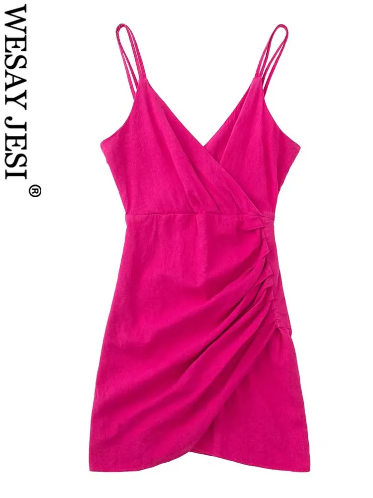 

WESAY JESI Sexy Ladies Double Sling Dress V-Neck Sleeveless Backless Cross-Tie Solid Color Rose Red Pleated Slim Sexy Mini Dress