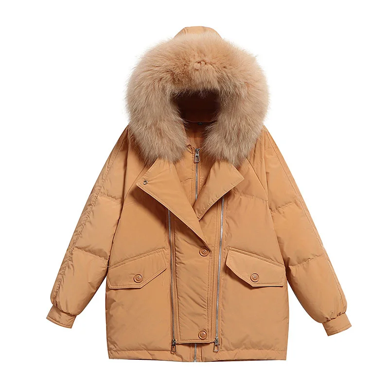 

Warm Hooded Fashion Large Size Big Fur Collar Women Down Jacket 2021 New Winter Trend White Duck Down Women's Down Jacket