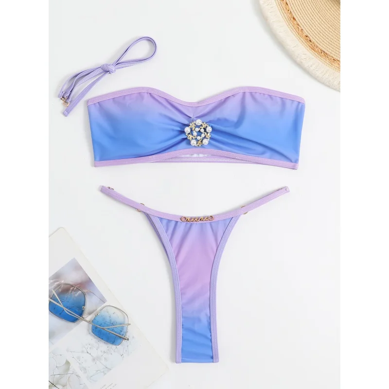 

Роскошный комплект бикини с жемчугом женский фиолетовый градиентный бандо пуш-ап микро купальник Бразильский купальный костюм треугольны...