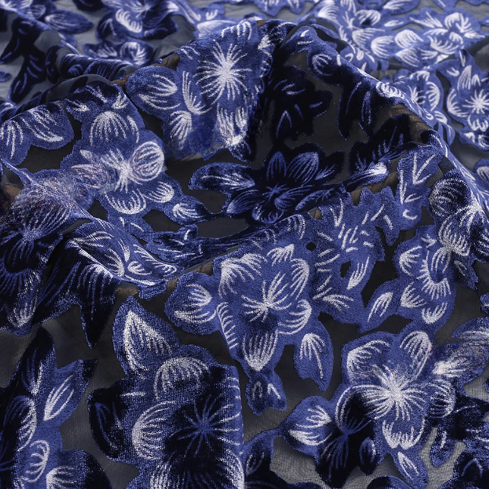 

1m*1.14m Navy Blue Brocade Burnout Velvet Saree Silk Fabric Dirac Somalia Fabric for African Dresses DIY Clothing