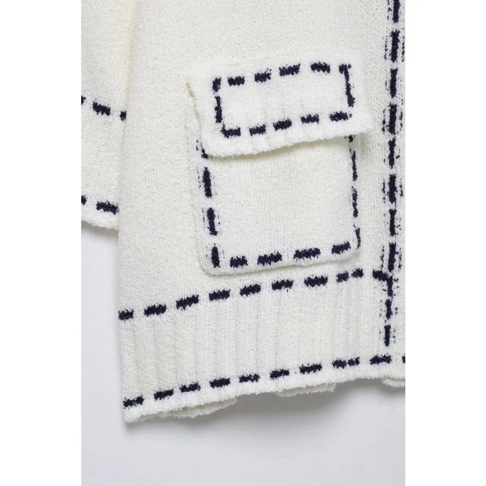 Женская мода удобный трикотаж с круглым вырезом для отпуска белый вязаный