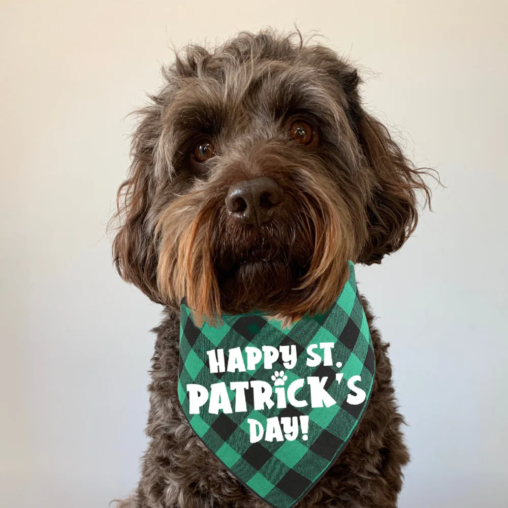 

Happy St. Patrick's Day Dog Bandana Pet Scarf Washable Adjustable Green Plaid Pet St.Patty Day Scarf for Small Medium Large Dogs