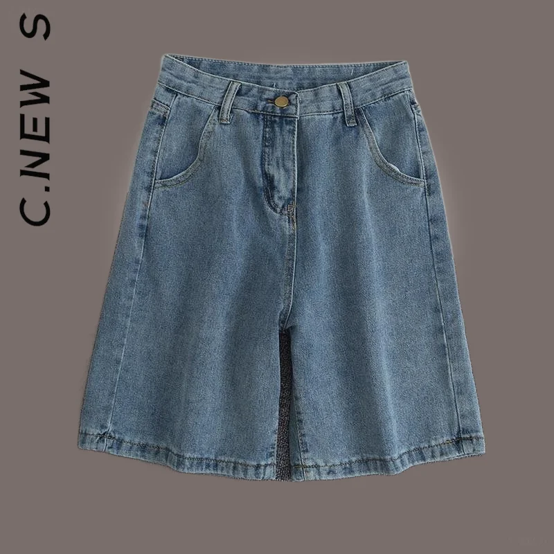 

C.New S Pants Women Shorts High Waist Blue Wide Leg Denim Shorts Hot Sale Bottoms All-Match Straight Pants Female