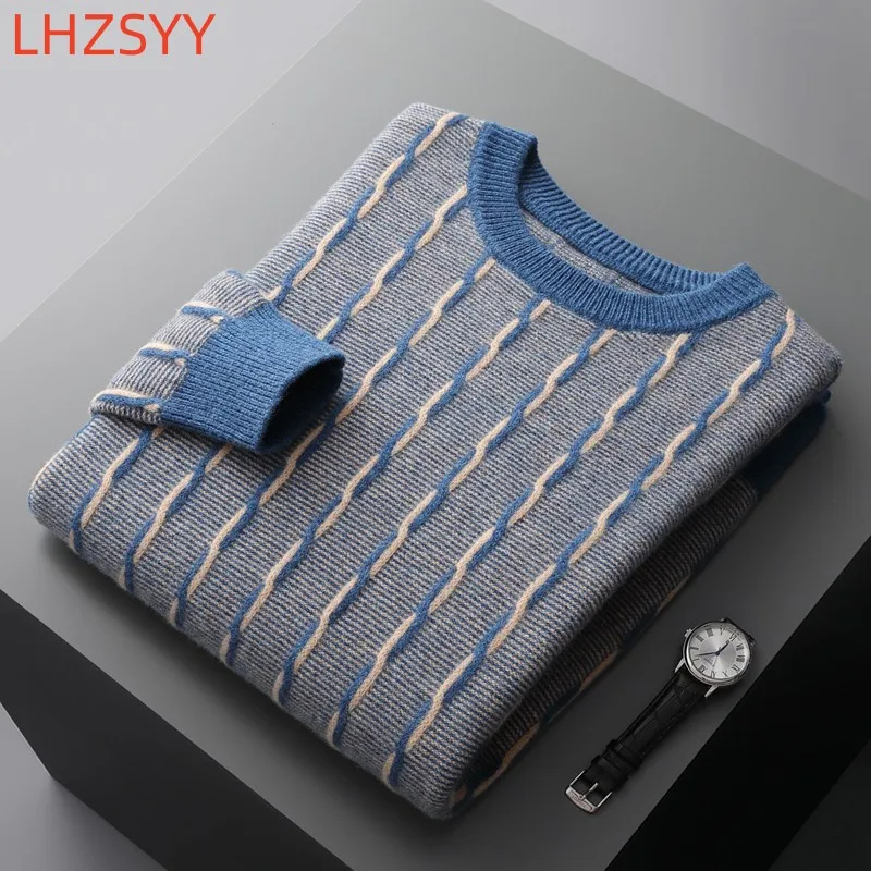 LHZSYY Men's Pure Cashmere Sweater New Colorblock Pullovers O-Neck Thicken Long Sleeve Knit Base Shirt Large Size Genuine Jumper