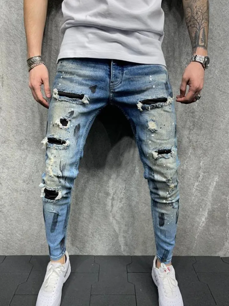 2023 New Fashion Painted Hole Ripped Skinny Jeans Men wash Solid Trouser Hip Hop Casual Slim Fit Pencil Denim Pants