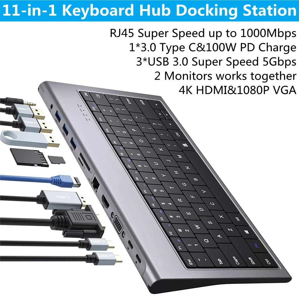 

11-em-1 Tipo De Teclado C Hub Docking Station Com USB-C 100w Pd Usb 3.0 H Dmi 4k Sd Microsd Vgarj45 Ethernet 3.5mm De Áudio Para