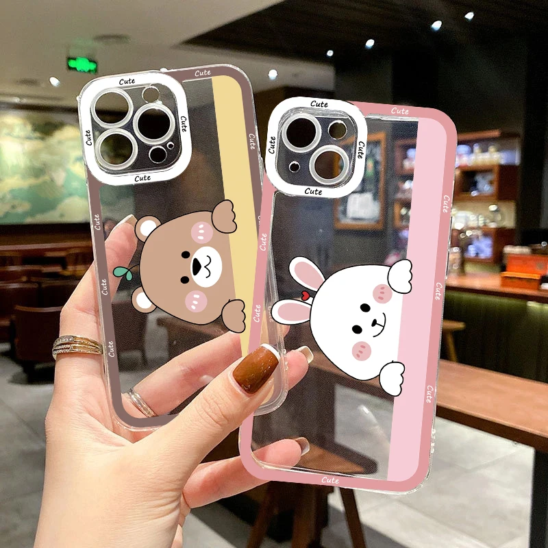 

Funny Cute Cartoon Bear Clear Phone Case For iPhone 14 Pro Max 13 12 11 7 8 Plus SE X XS XR Animal Couple Transparent Soft Cover