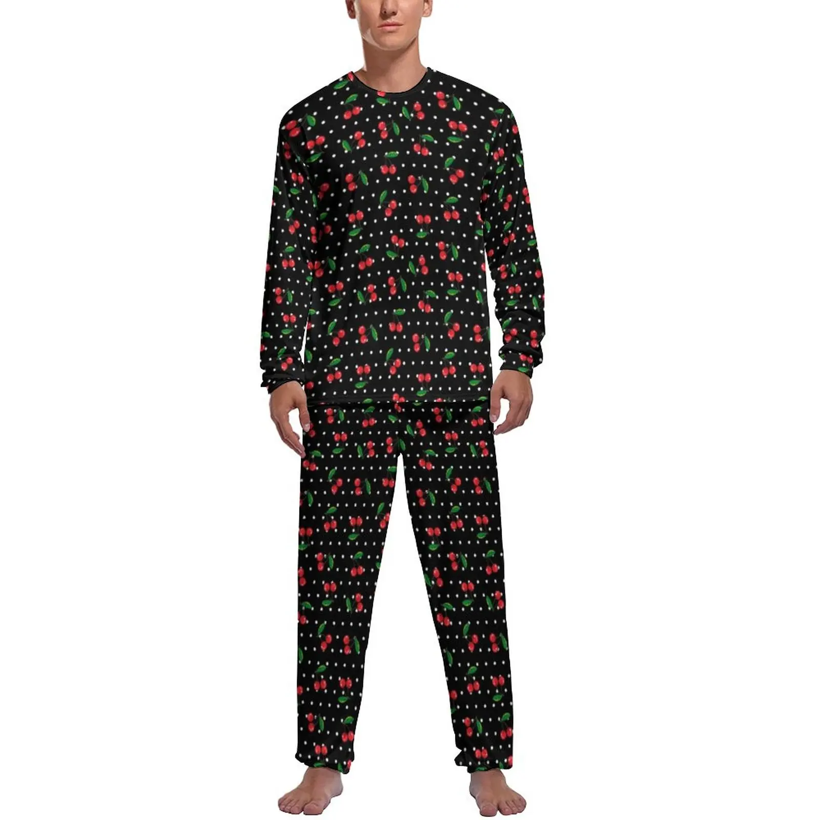 Cherry And Leaf Pajamas Winter Polka Dots Print Casual Home Suit Male 2 Pieces Pattern Long Sleeve Retro Pajama Sets