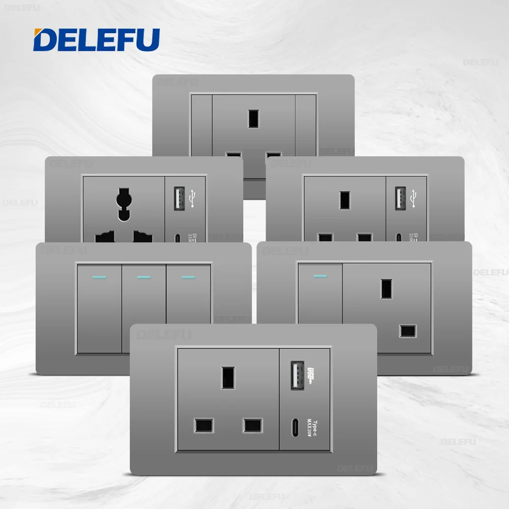 DELEFU настенная розетка с переключением питания ПК серия UK серой панелью