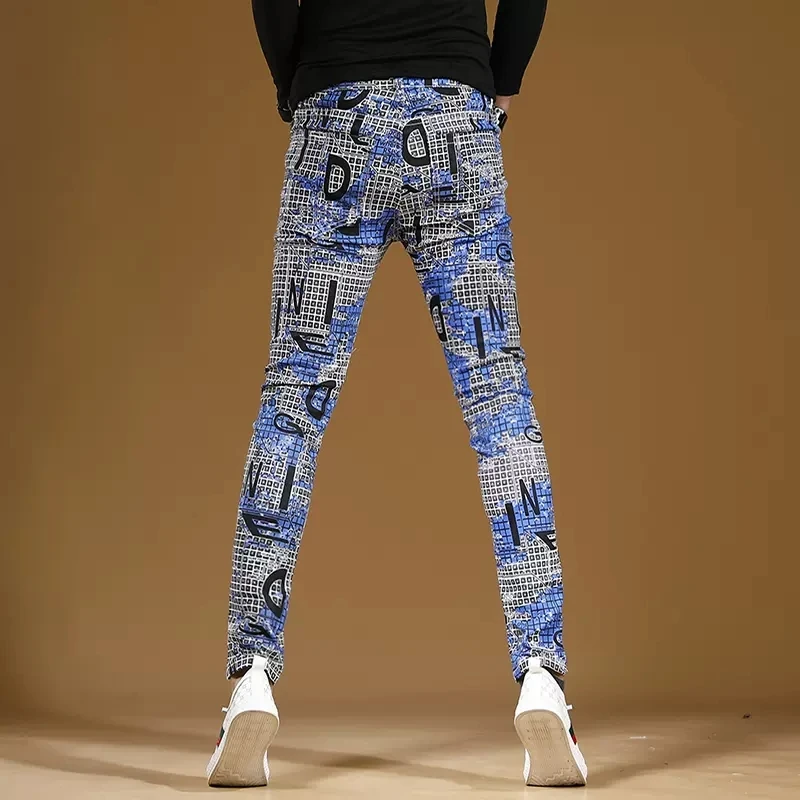 Autumn Men Blue Plaid Printed Jeans Fashion Slim Fit Straight Pants Streetwear Casual Denim Trousers
