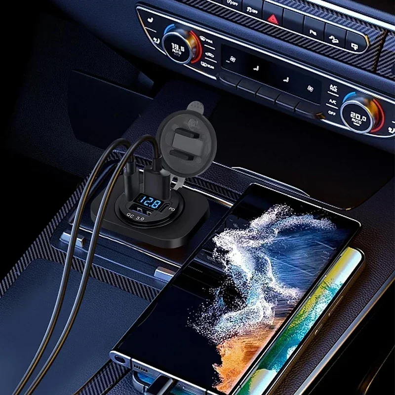 Фото НОВОЕ 83 Вт Dual PD Dual QC 3.0 USB Автомобильное зарядное устройство с розеткой вольтметра Водонепроницаемый адаптер для 12 В/24 В автомобиля Лодка Лидер продаж №4
