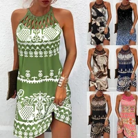 summer 2022 womens elegant round neck vintage cutout neck sleeveless halter print dress hollow out floral sexy party dress new