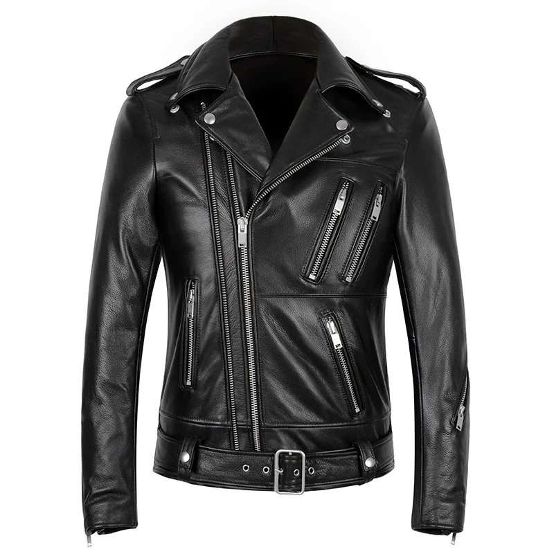 

Мужская мотоциклетная куртка из натуральной овечьей кожи, Черная байкерская куртка на молнии в стиле панк-рок