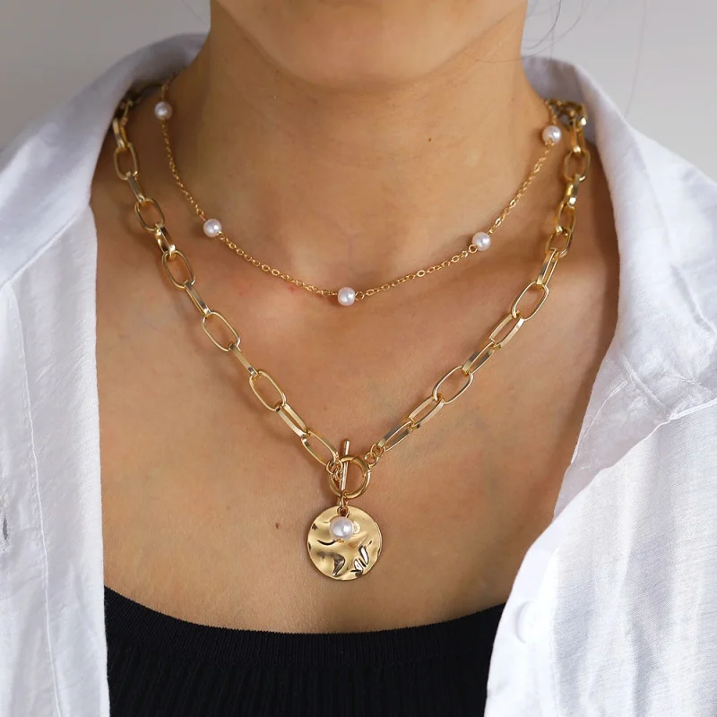

Gothic Baroque Pearl Coin Pendant Choker Necklace for Women Wedding Punk Bead Lariat Gold Color Long Chain Necklace Jewelry Gift