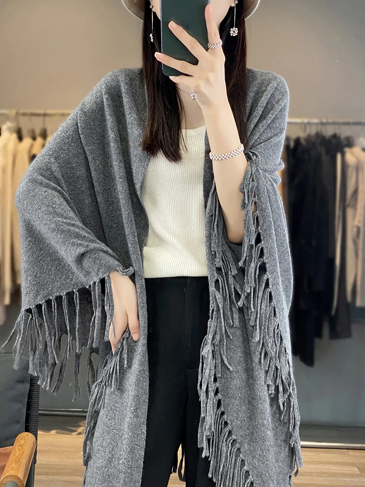 Осенне-зимний вязаный шарф из чистой шерсти 100% шаль Женская с большой кисточкой