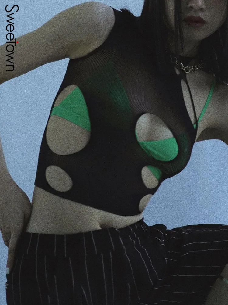 

Майка женская прозрачная сетчатая без рукавов с открытыми плечами