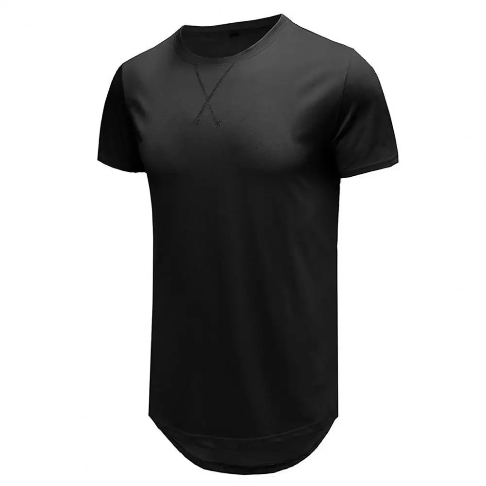 

Fashion Curved Hem Men Top O-neck Short Sleeve Hip Hop Men T-shirt Sweat Absorbing Tee Top Solid Color Casual T-shirt Streetwear